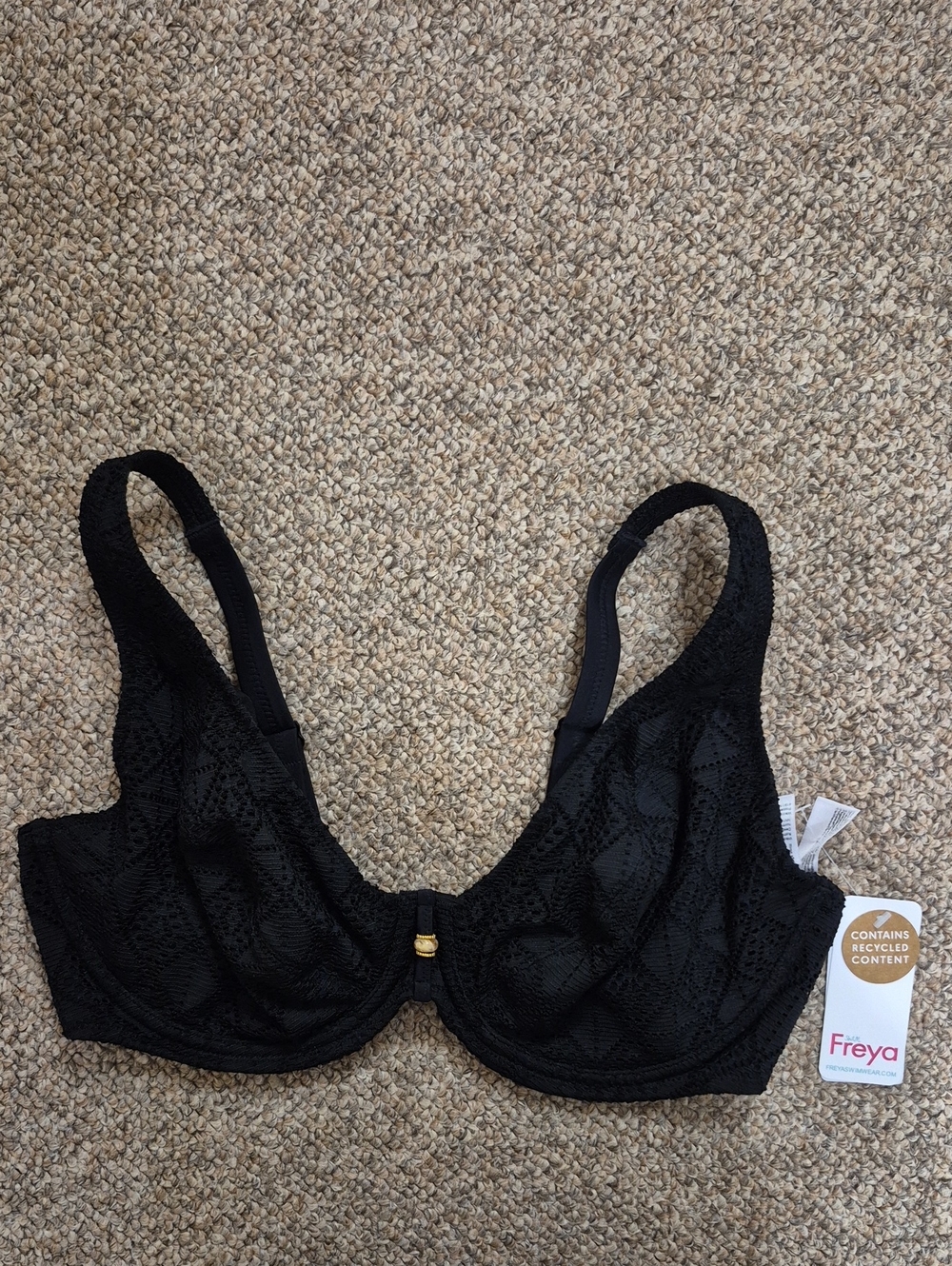 Freya Black Knit Underwire Bikini Top with Gold Accent NWT Size 34G
